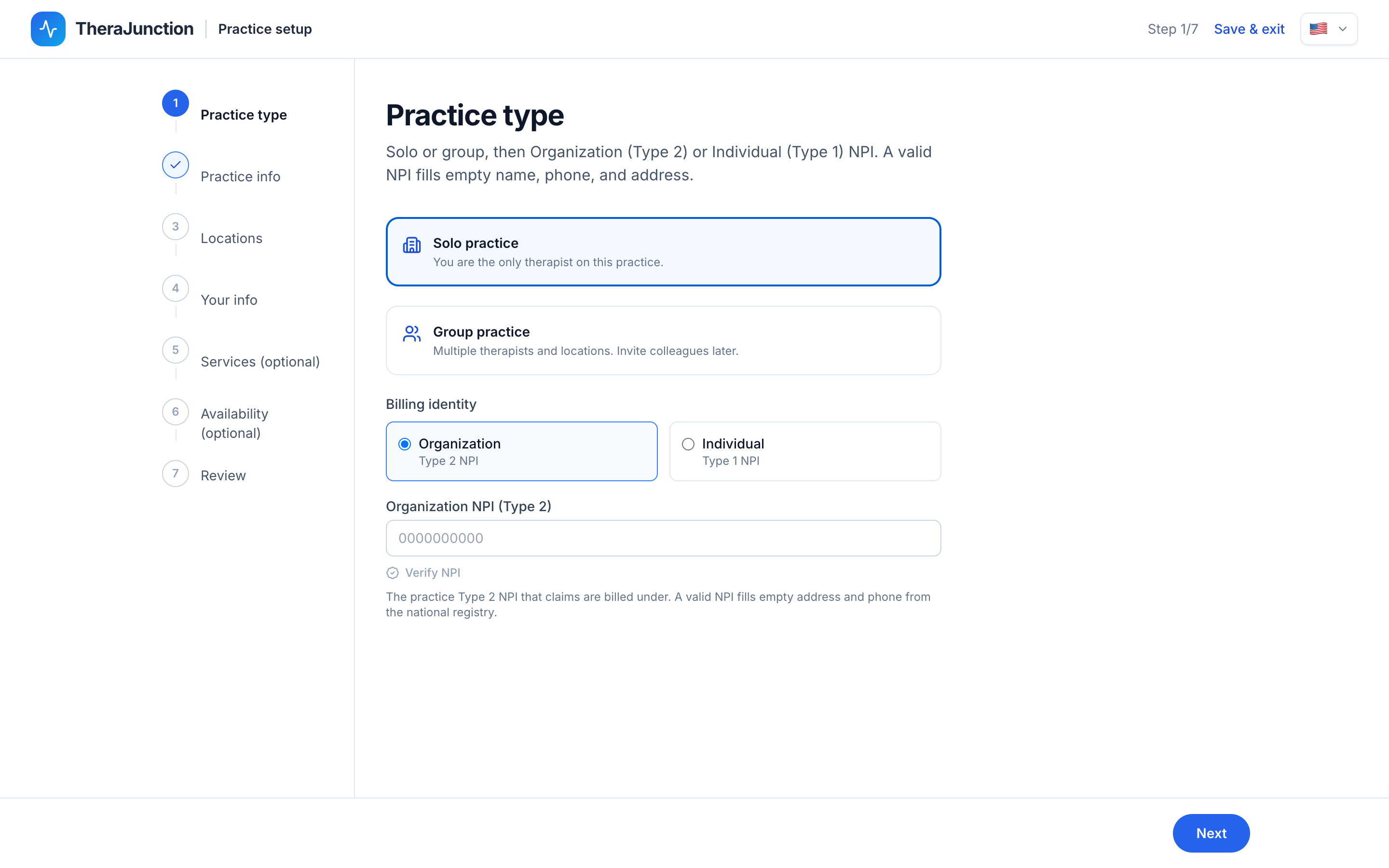 Practice type: Solo practice vs Group practice, plus billing identity and NPI