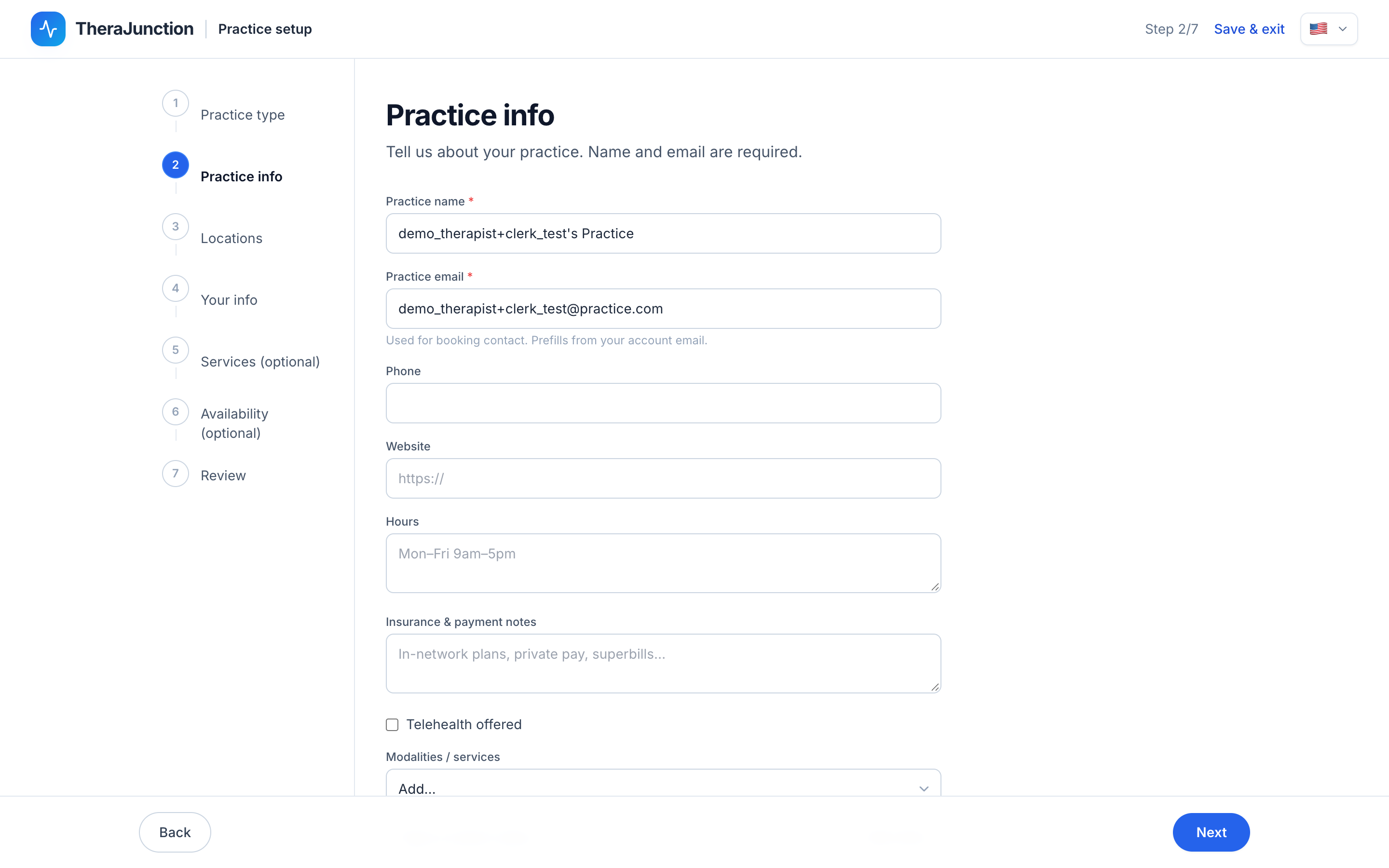 Practice info: name, email, phone, website, hours, payment notes, telehealth, modalities
