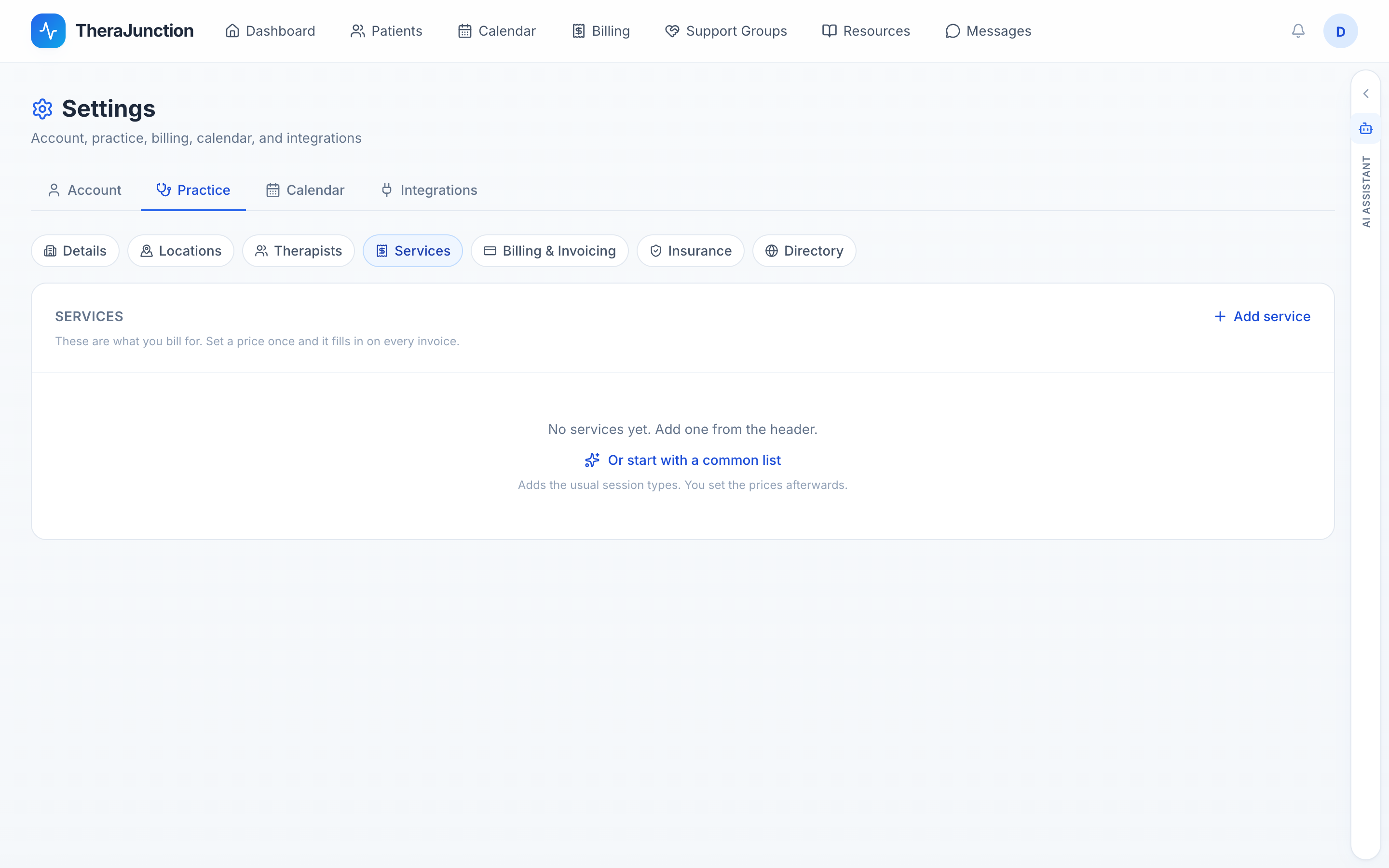 Services catalog, empty, with add service