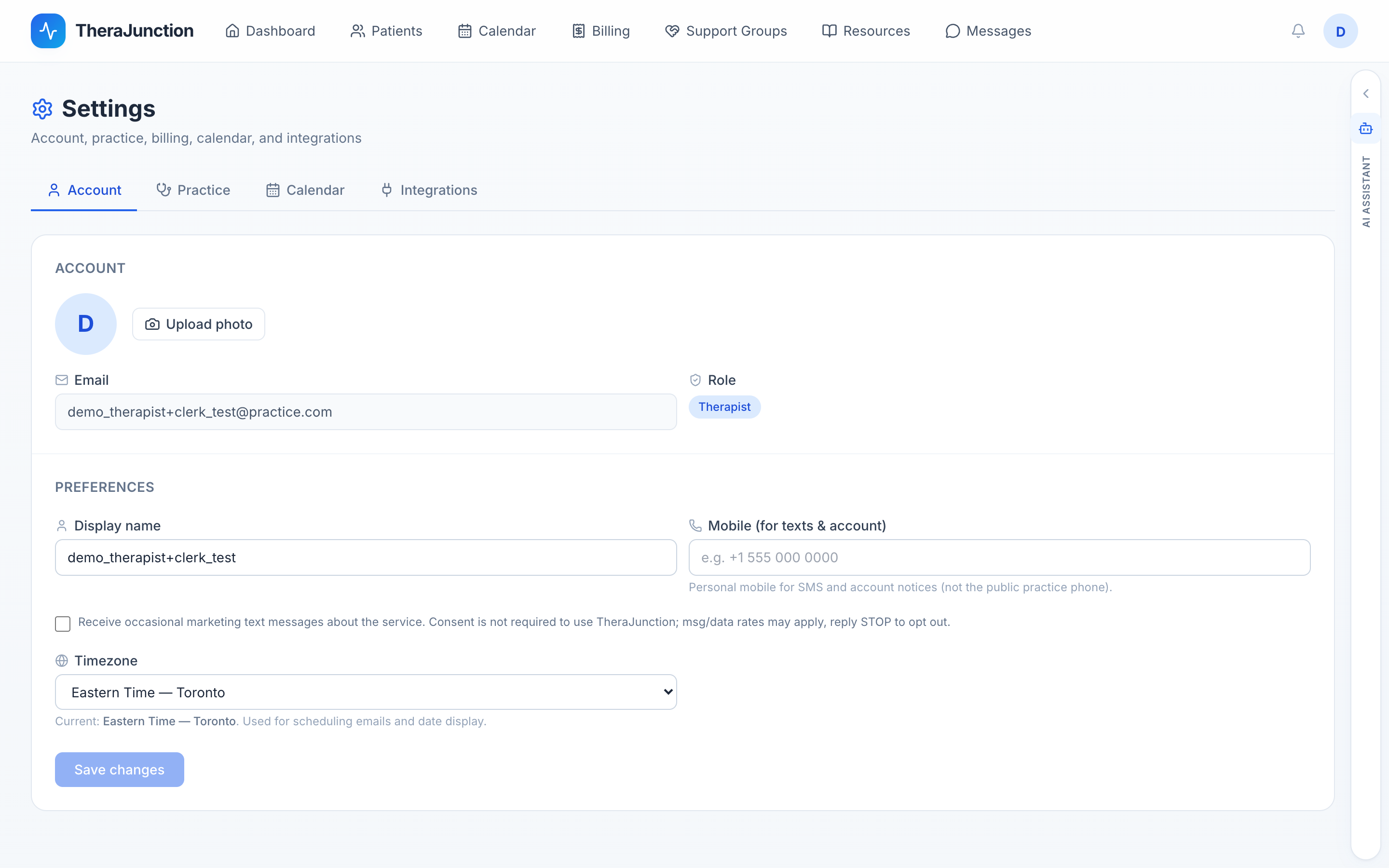 Settings Account: display name, mobile, timezone