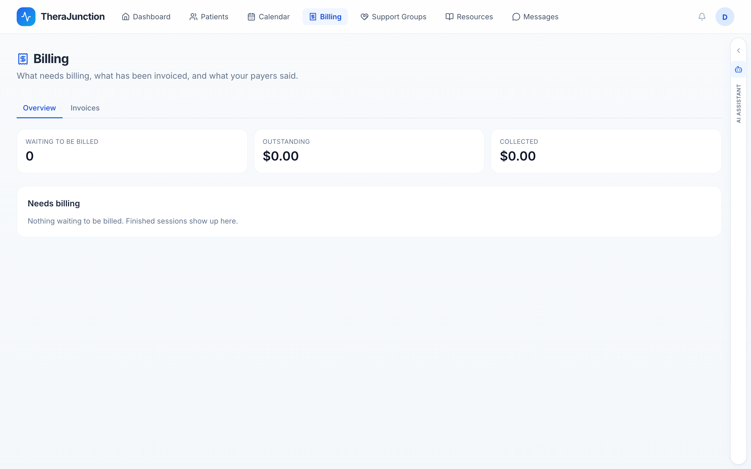 Billing hub: waiting to be billed, outstanding, collected